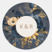 Waterverf Blauw Goud Bloemen Monogram Bruiloft Ronde Sticker (Voorkant)