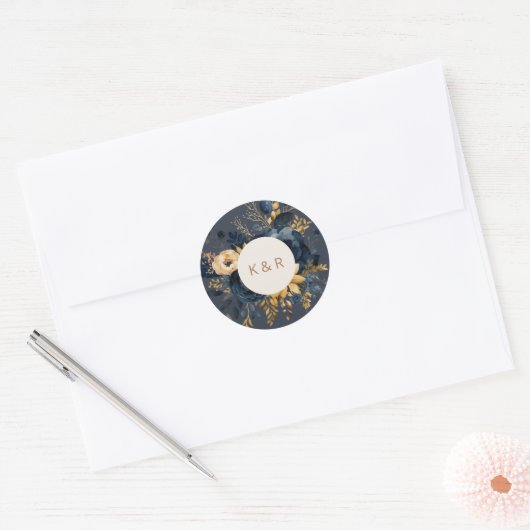 Waterverf Blauw Goud Bloemen Monogram Bruiloft Ronde Sticker (Envelop)