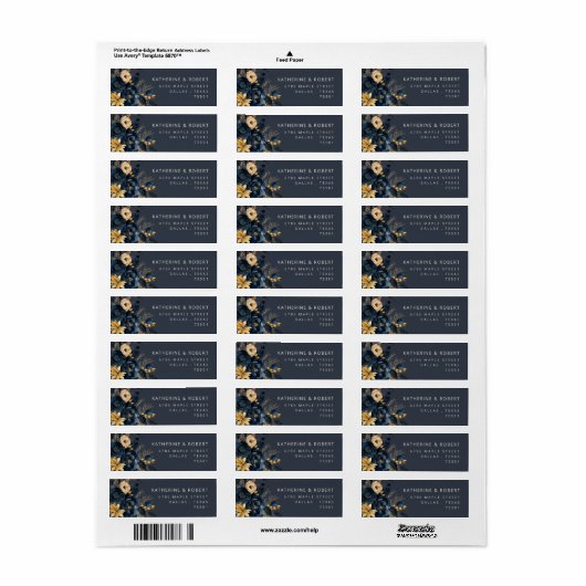 Waterverf Blauw Goud Bloemen Retouradres Label (Full Sheet)