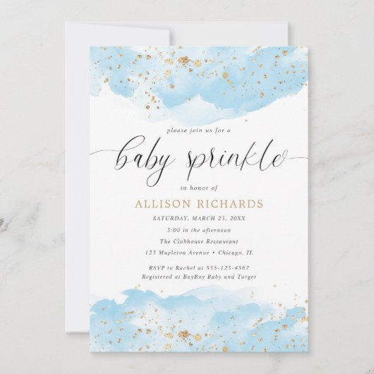 Waterverf blauw goud glitter boy baby sprinkle kaart (Voorkant)