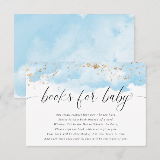 Waterverf blauw goud glitter witte boeken babyjong informatiekaartje (Voorkant / Achterkant)