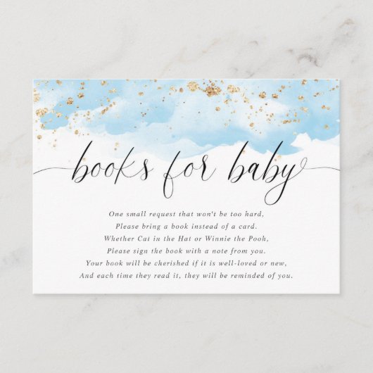 Waterverf blauw goud glitter witte boeken babyjong informatiekaartje (Voorkant)