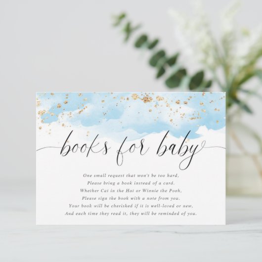 Waterverf blauw goud glitter witte boeken babyjong informatiekaartje (Staand voorkant)