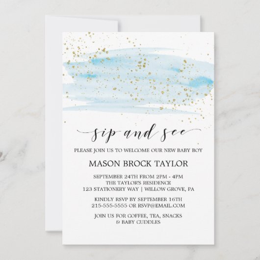 Waterverf Blauw & Goud Glitters Drink en Kijk Kaart (Voorkant)