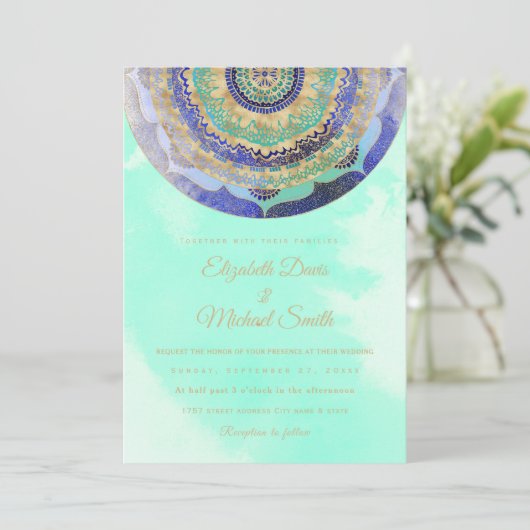 Waterverf Blauw Goud Mandala Kaart (Staand voorkant)