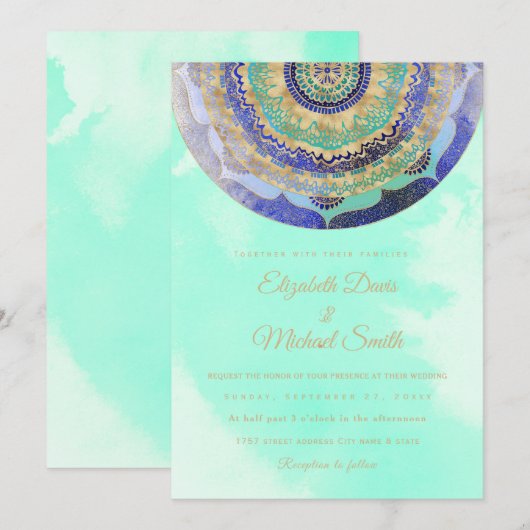 Waterverf Blauw Goud Mandala Kaart (Voorkant / Achterkant)