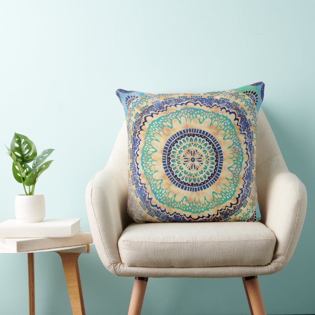 Waterverf Blauw Goud Mandala Kussen (Stoel)
