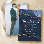 Waterverf Blauw Goud Marmer Agaat Geode Foto Save The Date<br><div class="desc">Moderne Elegante Waterverf Blauw en Goud Marmer Agaat Geode Save The Date Kaart - Foto Achterkant</div>