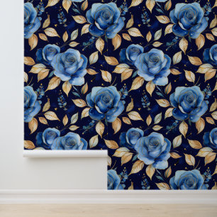 Waterverf Blauw Goud Victoriaans Bloemen Rozen Behang