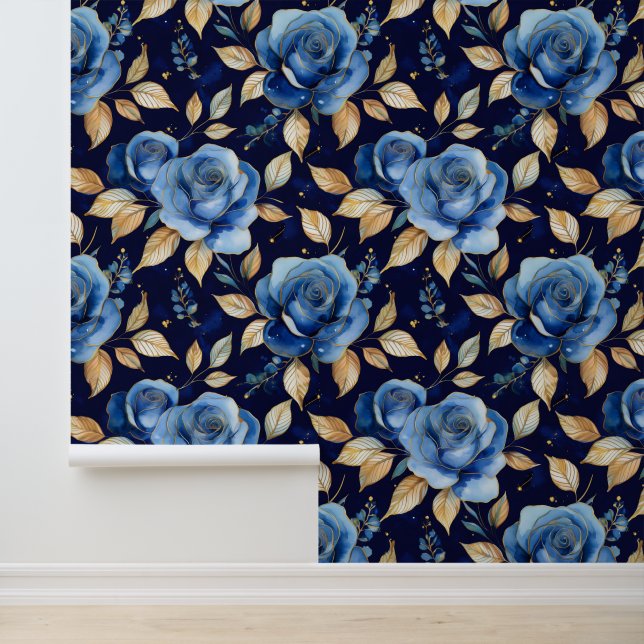 Waterverf Blauw Goud Victoriaans Bloemen Rozen Behang (Applicatie)