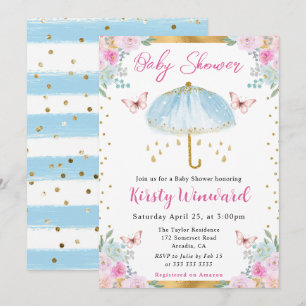 Waterverf Blauw Gouden Lente Paraplu Baby Shower Kaart
