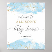 Waterverf blauw goudjongen baby shower welkom bord poster (Voorkant)