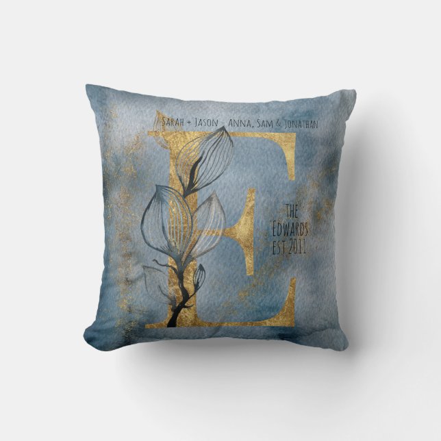Waterverf Blauw Grijs Goud E Monogram Sierkussen (Voorkant)