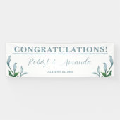 Waterverf Blauw Groen Bladeren Bruiloft Receptie Spandoek (Horizontaal)