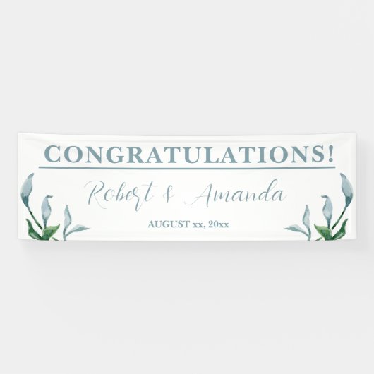 Waterverf Blauw Groen Bladeren Bruiloft Receptie Spandoek (Horizontaal)