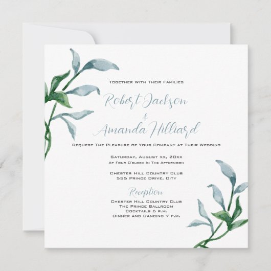Waterverf Blauw Groen Bladeren Elegant Bruiloft Kaart (Voorkant)