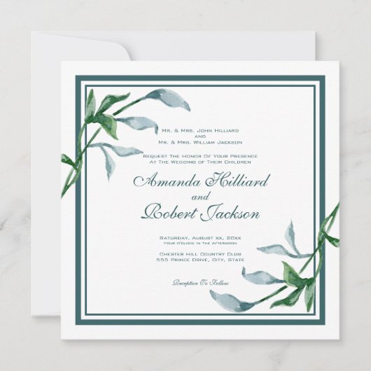 Waterverf Blauw Groen Bladeren, Oudernamen Bruilof Kaart (Voorkant)