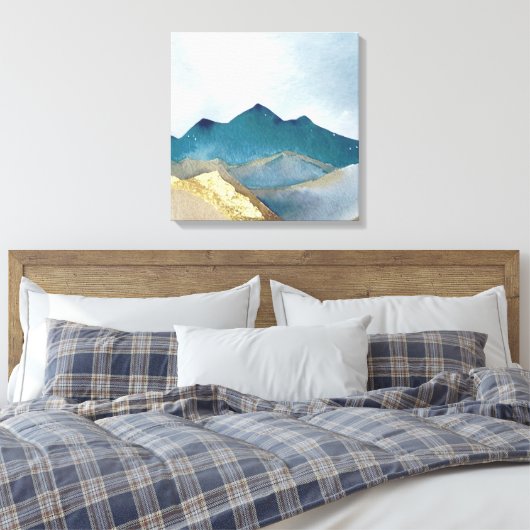 Waterverf Blauw Groen Gold Foil berglandschap Canvas Afdruk (Insitu (Slaapkamer))