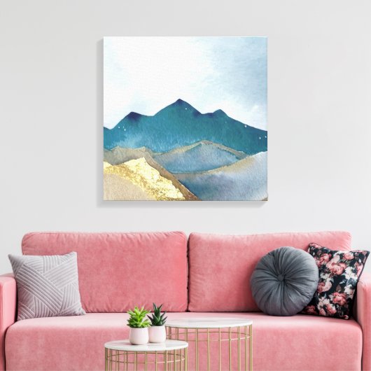 Waterverf Blauw Groen Gold Foil berglandschap Canvas Afdruk (Insitu (Woonkamer))