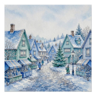Waterverf Blauw Groen Kerst Dorpsmarkt Perfect Poster