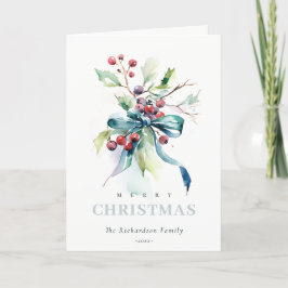 Waterverf Blauw Groene Winterbessen Kerst Feestdagen Kaart