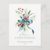 Waterverf Blauw Groene Winterbessen Kerst Feestdagenkaart (Voorkant)