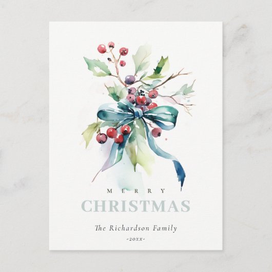 Waterverf Blauw Groene Winterbessen Kerst Feestdagenkaart (Voorkant)