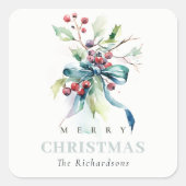 Waterverf Blauw Groene Winterbessen Kerst Vierkante Sticker (Voorkant)