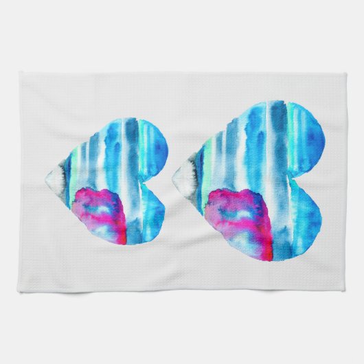 Waterverf blauw hart schattig hart theedoek (Horizontaal)