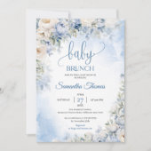 Waterverf blauw hortensia wit rozen baby brunch kaart (Voorkant)