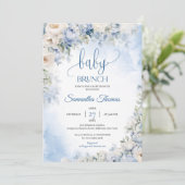 Waterverf blauw hortensia wit rozen baby brunch kaart (Staand voorkant)