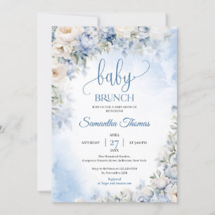 Waterverf blauw hortensia wit rozen baby brunch kaart