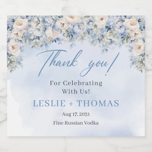 Waterverf blauw hortensia wit rozen eucalyptus likeurfles etiket (Enkel label)