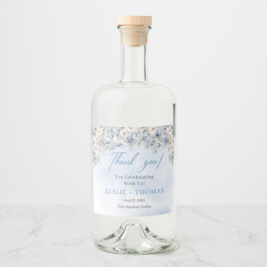 Waterverf blauw hortensia wit rozen eucalyptus likeurfles etiket (Voorkant)