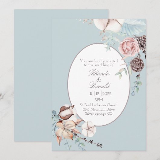 Waterverf blauw huwelijk winterflorale en oliage kaart (Voorkant / Achterkant)