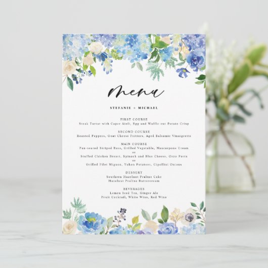 Waterverf Blauw Hydrangea Bruiloft Menu (Staand voorkant)