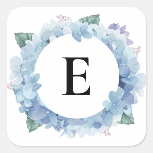 Waterverf Blauw Hydrangeas Vet Script Monogram Vierkante Sticker (Voorkant)