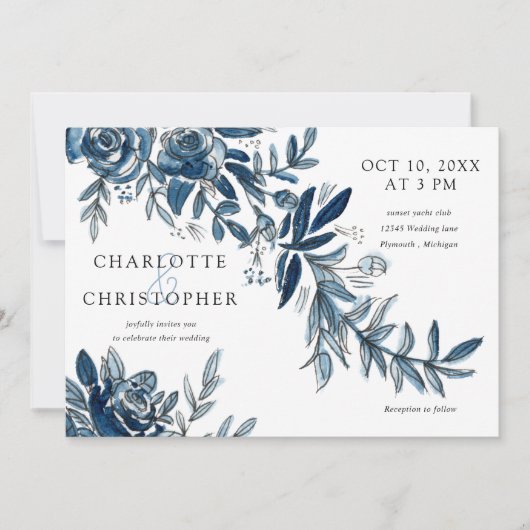 waterverf blauw indigo bloemen horizontaal bruilof kaart (Voorkant)