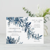 waterverf blauw indigo bloemen horizontaal bruilof kaart (Staand voorkant)