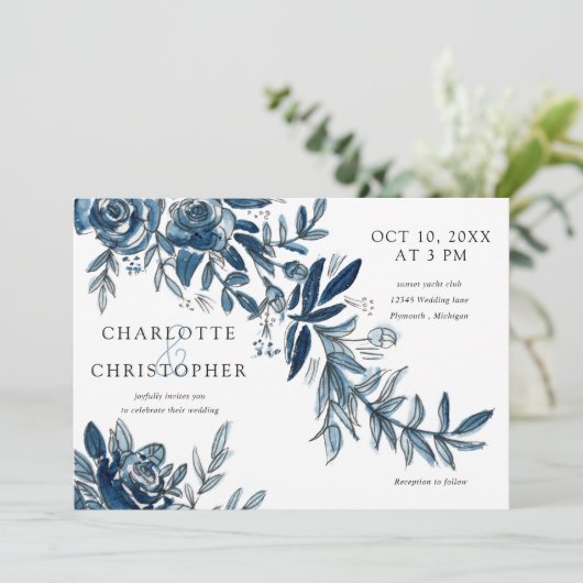 waterverf blauw indigo bloemen horizontaal bruilof kaart (Staand voorkant)