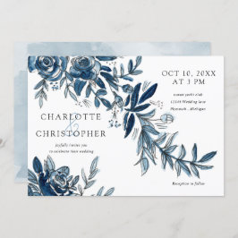 waterverf blauw indigo bloemen horizontaal bruilof kaart