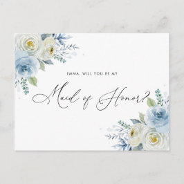 Waterverf Blauw & Ivoor Rozen Maid of Honor Briefkaart
