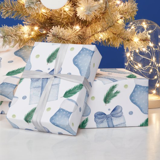 Waterverf Blauw Kerst Kousen en Cadeaus Cadeaupapier (Feestdagen)