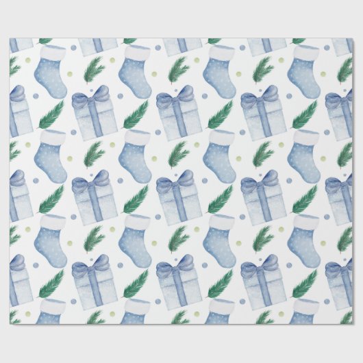 Waterverf Blauw Kerst Kousen en Cadeaus Cadeaupapier (Vlak)