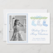 Waterverf Blauw Kerst Monogram Kousen Foto Feestdagenkaart (Voorkant)