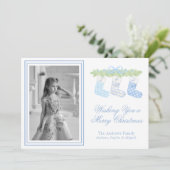 Waterverf Blauw Kerst Monogram Kousen Foto Feestdagenkaart (Staand voorkant)