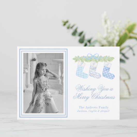Waterverf Blauw Kerst Monogram Kousen Foto Feestdagenkaart (Staand voorkant)
