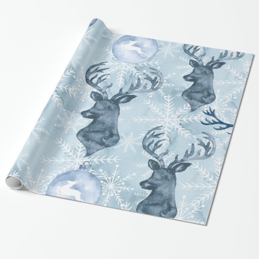 Waterverf blauw kerstpapier voor rendieren cadeaupapier (Uitgerold)