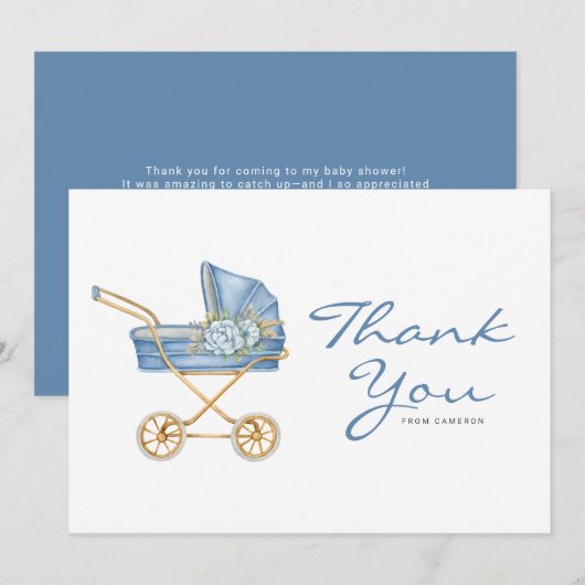 Waterverf blauw  kinderwagen Baby shower Bedankkaart (Voorkant / Achterkant)