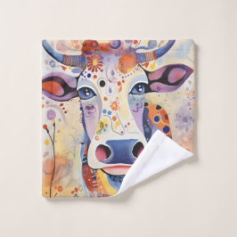 Waterverf Blauw kleurrijk Whimsical Koe Bubbly Zac Bad Handdoek